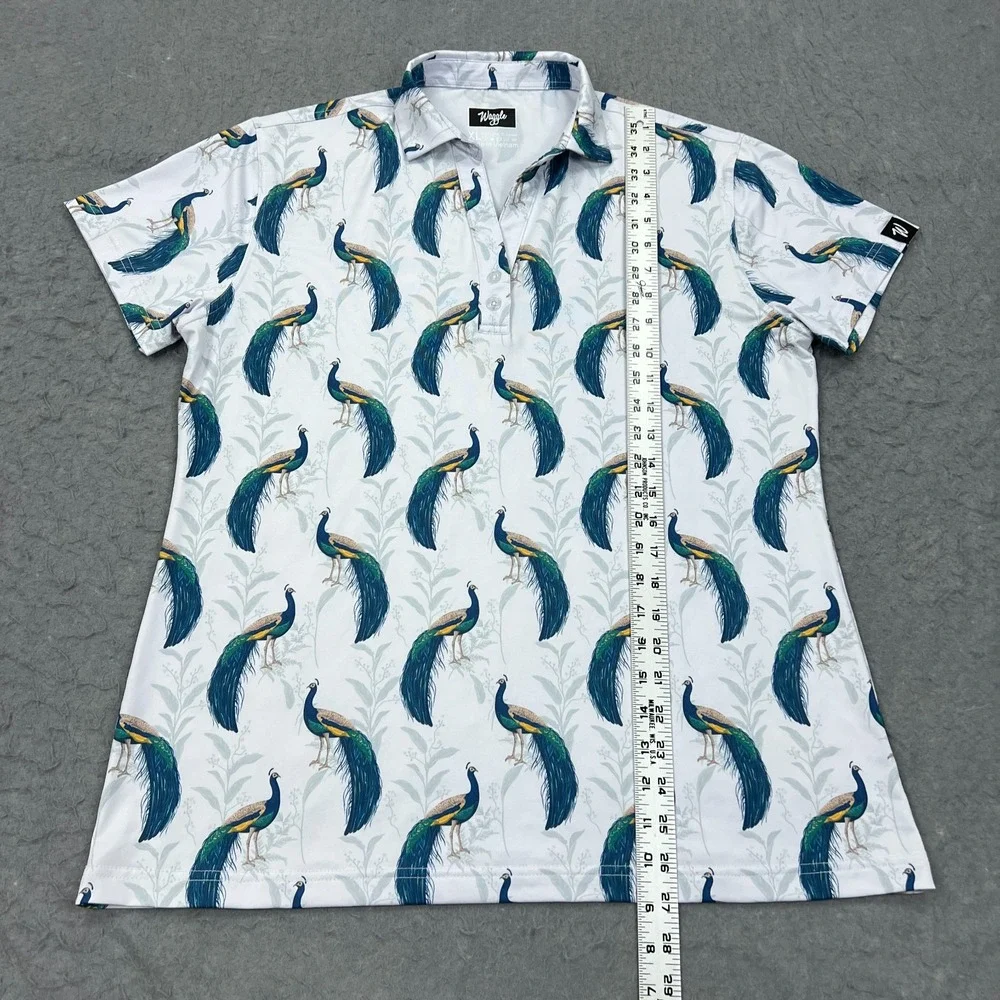 Waggle Polo Shirt Women's XL White Peacocking Bird AOP Golf Athletic Wicking Top - Picture 7 of 9